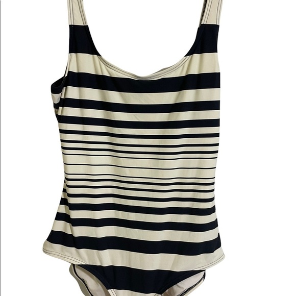 DKNY one piece swimsuit. Striped cream and blue colors. Size 12. Open back low. - Picture 3 of 6